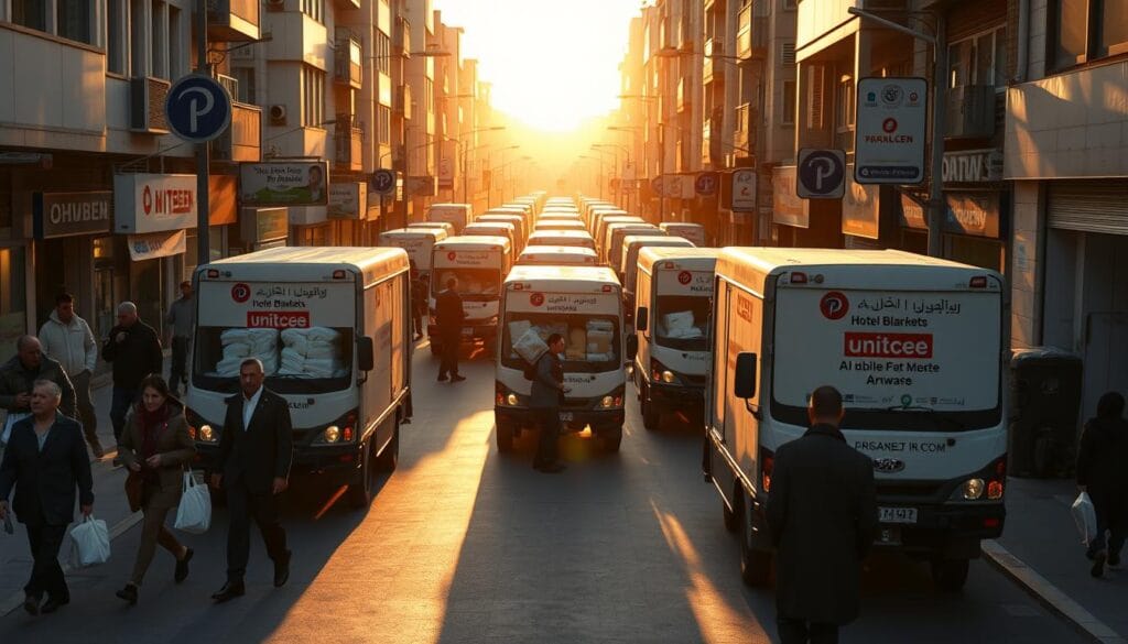A bustling urban street in the heart of Al-Habileen, with a fleet of delivery trucks from "شركة توريد العالمية للصناعة" distributing winter hotel blankets to local establishments. The scene is bathed in a warm, golden glow from the setting sun, casting long shadows across the pavement. Pedestrians and shopkeepers observe the organized chaos, as workers efficiently load and unload packages, ensuring the timely distribution of these essential supplies. The image captures the seamless logistics and coordination involved in this vital wintertime service, set against the vibrant backdrop of the city.