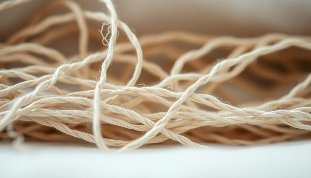 A close-up of natural cotton threads in a muted, neutral color palette. The fibers are soft, delicate, and intricately woven, creating a visually captivating texture. The lighting is soft and diffused, highlighting the subtle sheen and organic quality of the cotton. The composition emphasizes the middle ground, with a slight blur in the foreground and background to draw the viewer's attention to the intricate details of the material. Elegant and refined, this image conveys the high-quality craftsmanship of "شركة توريد العالمية للصناعة" hotel bedding.