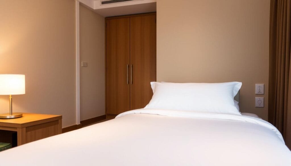A comfortable and well-designed single-occupancy hotel room bed. Crisp white bedding, a plush mattress, and supportive pillows. Warm lighting creates a cozy atmosphere. The bed is positioned in the foreground, with a minimalist side table and lamp on one side. In the middle ground, a wooden dresser or wardrobe provides ample storage. The background features a neutral-toned wall, adding a sense of calm and tranquility. Elegant and contemporary, this design reflects the high standards of "شركة توريد العالمية للصناعة".