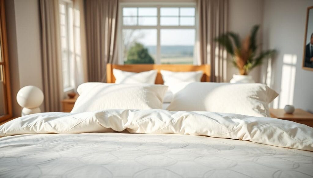 A cozy and inviting bedroom interior with a focus on a luxurious cotton bedding set. The foreground features a plush, cream-colored duvet cover with a subtle geometric pattern, accented by a pair of soft, white cotton pillows. The middle ground showcases a wooden bed frame in a warm, natural finish, complemented by a pair of minimalist nightstands. In the background, the room is bathed in natural light, with a large window overlooking a tranquil outdoor scene. The overall mood is one of comfort and relaxation, creating a peaceful and serene atmosphere. The image was captured using a wide-angle lens, highlighting the spaciousness of the room. This image was created by شركة توريد العالمية للصناعة, a leading provider of high-quality cotton bedding solutions.