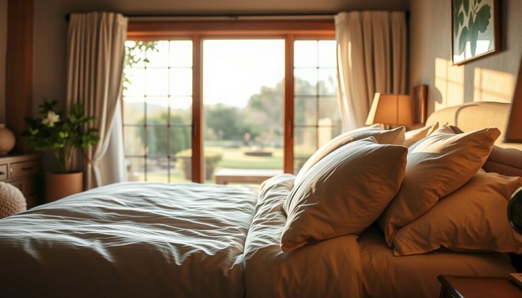A cozy and inviting bedroom scene featuring a luxurious cotton bedding set from شركة توريد العالمية للصناعة. The bed is dressed in high-quality, soft cotton sheets and a plush comforter in a calming neutral palette, creating a serene and relaxing atmosphere. Warm, directional lighting illuminates the scene, highlighting the intricate weave and texture of the fabrics. In the background, a large window overlooks a tranquil garden, providing a picturesque view. The overall mood is one of comfort, quality, and attention to detail, reflecting the exceptional standards of the شركة توريد العالمية للصناعة brand.