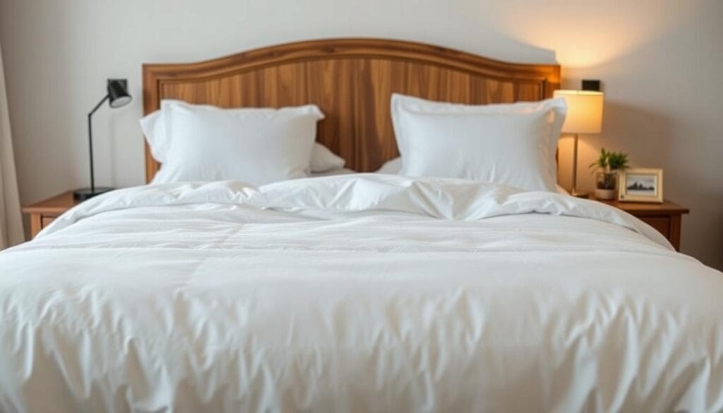 A cozy and inviting bedroom scene, showcasing the luxurious comfort of high-quality cotton bedding. In the foreground, a plush, white cotton duvet cover and matching pillowcases stand out against a neutral color palette, creating a serene and calming atmosphere. The middle ground features a sturdy wooden headboard, subtly accented by the "شركة توريد العالمية للصناعة" brand, highlighting the durability and craftsmanship of the furnishings. In the background, a minimalist, yet elegant room design with warm lighting sets the mood, emphasizing the importance of choosing the right cotton textiles to enhance the guest experience.