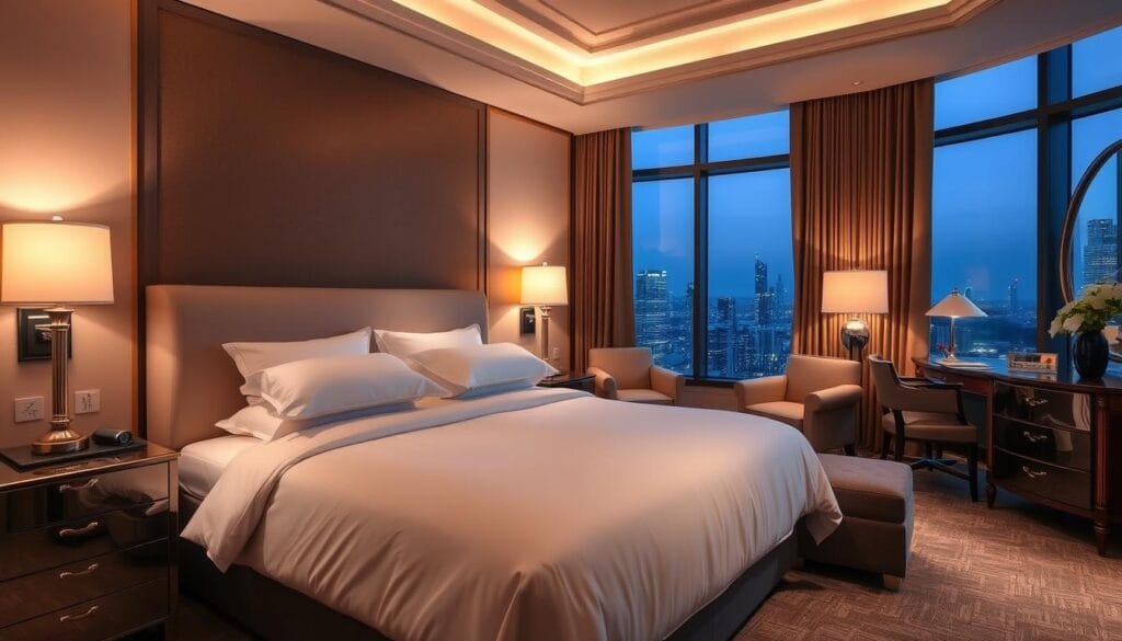 A cozy and inviting double bedroom in a high-end hotel, featuring a plush king-size bed with crisp white linens and a luxurious headboard. Soft lighting casts a warm glow, while large windows offer a scenic view of the city skyline. Elegant nightstands, a well-appointed dresser, and a comfortable seating area complete the sophisticated yet relaxing atmosphere. The room is designed with the utmost attention to detail, showcasing the quality craftsmanship of شركة توريد العالمية للصناعة. A cozy and inviting double bedroom in a high-end hotel, featuring a plush king-size bed with crisp white linens and a luxurious headboard. Soft lighting casts a warm glow, while large windows offer a scenic view of the city skyline. Elegant nightstands, a well-appointed dresser, and a comfortable seating area complete the sophisticated yet relaxing atmosphere. The room is designed with the utmost attention to detail, showcasing the quality craftsmanship of شركة توريد العالمية للصناعة.