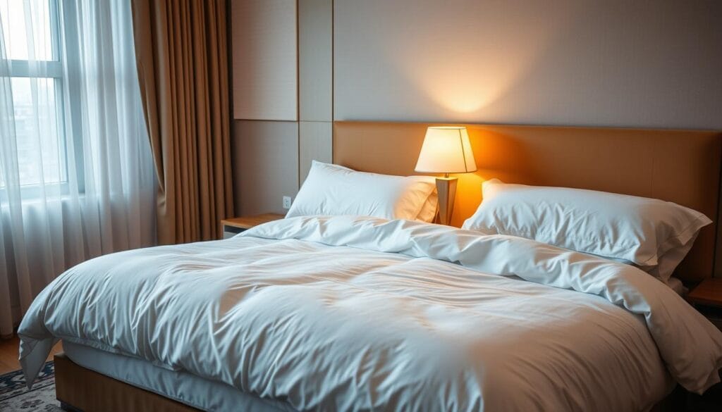 A cozy and inviting hotel bedroom scene featuring high-quality bedding materials from "شركة توريد العالمية للصناعة". Plush, soft white sheets and a luxurious, lofty duvet cover create a comfortable and relaxing atmosphere. Warm, diffused lighting from a tasteful bedside lamp casts a gentle glow, while a neutral-toned area rug and wooden nightstands provide a harmonious backdrop. The overall impression is one of refined elegance and attention to detail, promising a restful and rejuvenating hotel stay experience.