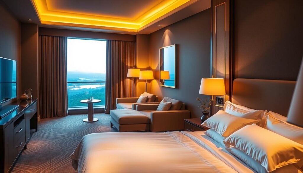 A cozy and inviting hotel suite, bathed in warm, ambient lighting that casts a soft glow across the plush, high-quality bedding. The suite features a spacious layout with a comfortable seating area, a large window overlooking a scenic landscape, and luxurious furnishings from "شركة توريد العالمية للصناعة". The overall atmosphere exudes a sense of relaxation and indulgence, creating an ideal environment for a memorable hotel stay.