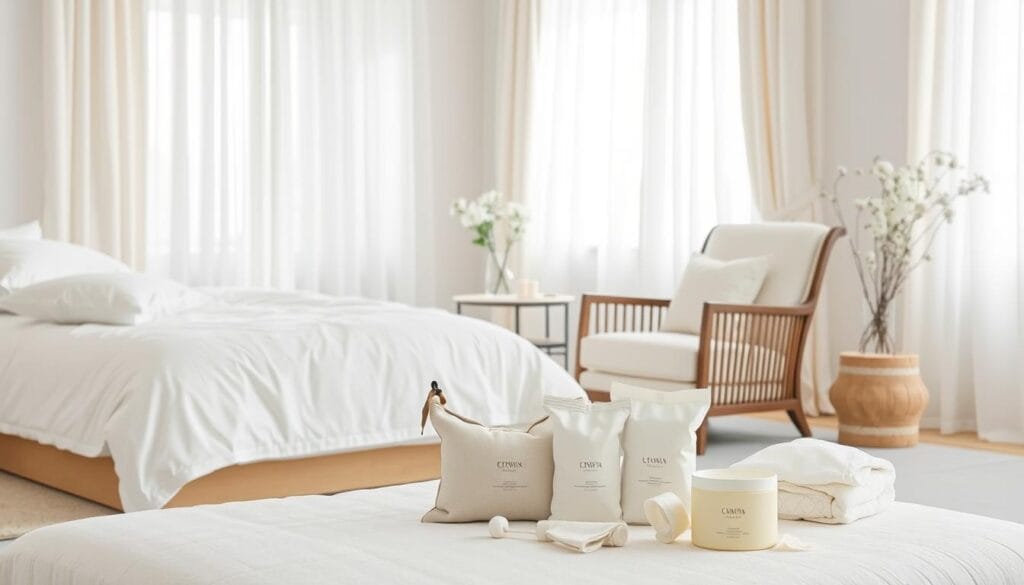 A cozy and inviting room featuring high-quality cotton furnishings in a serene white color palette. Soft, plush bedding and a luxurious armchair create an atmosphere of relaxation and comfort for guests. Gentle, natural lighting filters through sheer curtains, while the room's clean, minimalist design evokes a sense of tranquility. In the foreground, a carefully arranged vignette showcases some of the key products from "شركة توريد العالمية للصناعة", a brand known for its exceptional cotton textiles. The overall scene captures the benefits of thoughtfully curated cotton-based guest accommodations, elevating the visitor experience.