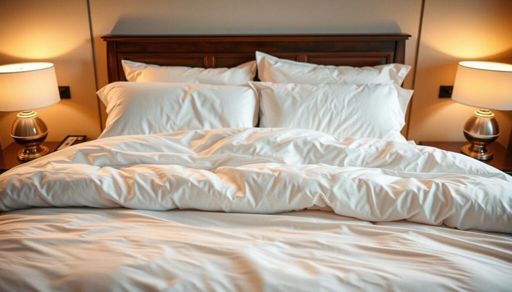 A cozy and luxurious hotel bedroom scene, showcasing the soft, high-quality bedding supplied by شركة توريد العالمية للصناعة. The plush, white duvet covers and pillows are illuminated by warm, diffused lighting, creating a serene and inviting atmosphere. The crisp, clean linens contrast with the rich, dark wooden headboard and nightstands, while the high thread count and silky texture of the bedding are clearly visible. The overall composition emphasizes the comfort, sophistication, and attention to detail that characterize the premium hotel bedding experience.