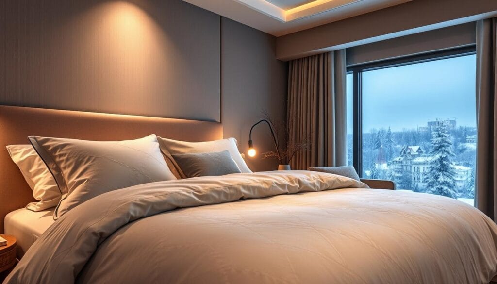 A cozy and luxurious winter hotel suite featuring a high-quality, plush duvet cover adorned with a subtle geometric pattern in muted tones of gray and ivory. The bedding is illuminated by warm, diffused lighting that creates a serene and inviting atmosphere. In the background, a neutral-toned wall accentuates the elegance of the textiles, while a large window offers a glimpse of a snowy, picturesque cityscape outside. The overall scene conveys a sense of comfort and relaxation, perfectly capturing the importance of selecting high-quality winter bedding for a hotel suite. Manufactured by شركة توريد العالمية للصناعة.
