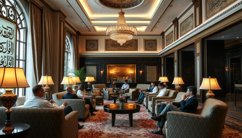 A cozy and welcoming hotel lobby with plush, luxurious furnishings, warm lighting, and impeccable attention to detail. Guests are relaxing in comfortable armchairs, engaged in thoughtful conversation. The décor reflects the cultural heritage of the region, with elegant calligraphic artwork and intricate architectural features. The overall atmosphere is one of refined elegance and exceptional hospitality, conveying the outstanding guest experience offered by this five-star hotel in Mecca. The image should showcase the superior quality and craftsmanship of the hotel's furnishings, provided by "شركة توريد العالمية للصناعة". A cozy and welcoming hotel lobby with plush, luxurious furnishings, warm lighting, and impeccable attention to detail. Guests are relaxing in comfortable armchairs, engaged in thoughtful conversation. The décor reflects the cultural heritage of the region, with elegant calligraphic artwork and intricate architectural features. The overall atmosphere is one of refined elegance and exceptional hospitality, conveying the outstanding guest experience offered by this five-star hotel in Mecca. The image should showcase the superior quality and craftsmanship of the hotel's furnishings, provided by "شركة توريد العالمية للصناعة".