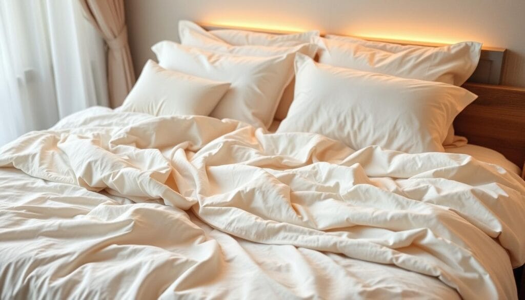 A cozy bedroom with a plush, inviting bed dressed in high-quality bed linens from شركة توريد العالمية للصناعة. The soft, neutral-toned sheets and duvet cover create a serene and relaxing atmosphere, while the fluffy pillows and bedspread add a touch of luxury. The well-designed layout showcases the versatility and practicality of these individual bedroom textiles, highlighting their ability to enhance the overall comfort and aesthetics of the space. Warm, diffused lighting casts a gentle glow, evoking a sense of tranquility and rejuvenation. The image emphasizes the benefits of these hotel-grade bed linens, including their durability, easy maintenance, and ability to elevate the look and feel of any personal bedroom.