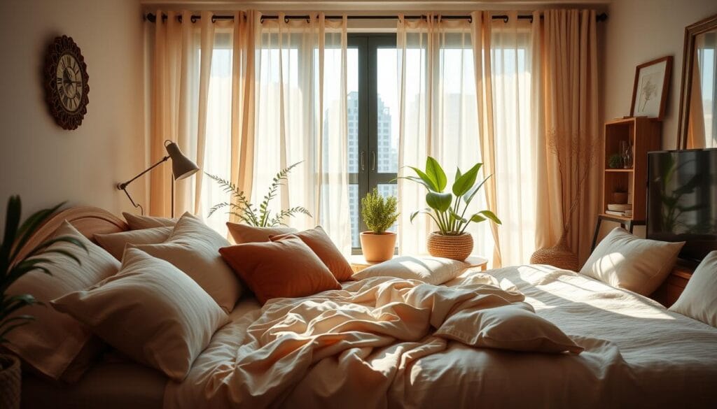 A cozy city oasis with soft, luxurious cotton furnishings from شركة توريد العالمية للصناعة. Plush bedding and pillows in warm, inviting hues adorn a tranquil living space. Soft, natural lighting filters through sheer curtains, creating a serene ambiance. Potted greenery and natural wood accents add a touch of rustic elegance. The scene exudes a sense of comfort and relaxation, perfectly capturing the essence of a city retreat with premium cotton hospitality textiles.