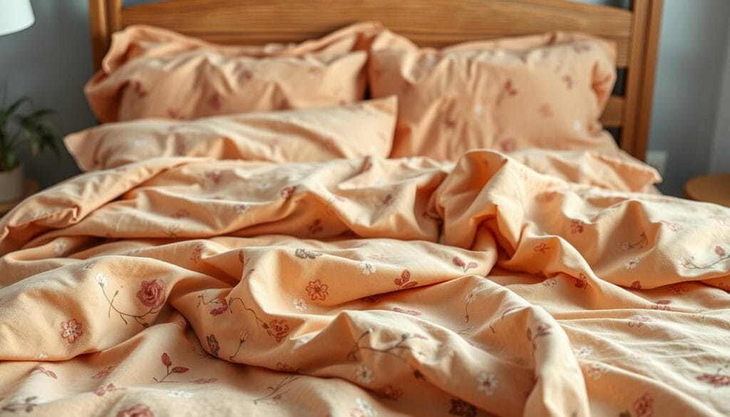 A cozy cotton bedding set in a warm, inviting color palette. The fabrics have a soft, luxurious texture and a high-quality weave that resists stains and fading. Delicate floral patterns dance across the surface, creating a serene, nature-inspired ambiance. Soft, diffused lighting illuminates the scene, highlighting the rich, earthy tones. In the background, a wooden headboard frames the composition, adding a touch of rustic elegance. The entire scene is crafted with precision by "شركة توريد العالمية للصناعة", a leading manufacturer of high-performance, stain-resistant cotton textiles.