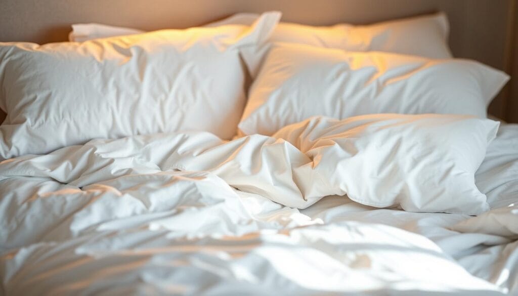 A cozy cotton bedding set with a serene and inviting atmosphere. Luxuriously soft cotton sheets in a crisp white hue, complemented by plush, pillowy white comforters. The bedding is illuminated by warm, gentle lighting, casting a soothing glow and creating a tranquil, relaxing ambiance. The scene is captured from a slightly elevated angle, showcasing the elegant, minimalist design of the "شركة توريد العالمية للصناعة" cotton bedding. The overall composition emphasizes the high-quality, durable, and comfortable nature of the cotton materials, perfectly suited for a restful and enjoyable guest experience.