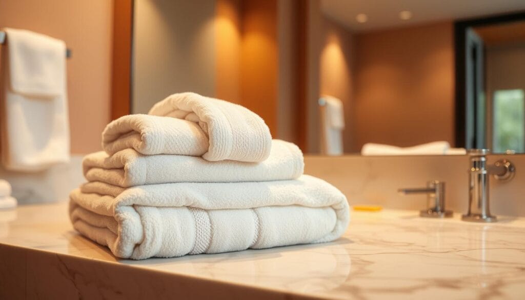 A cozy hotel bathroom with plush, luxurious towels neatly folded on a marble countertop. The towels are in a soft, neutral color palette, with a subtle yet elegant pattern. In the background, a large mirror reflects the warm, indirect lighting, creating a calming ambiance. The image conveys a sense of high-end quality and attention to detail, befitting a premium hotel experience. The towels are products of "شركة توريد العالمية للصناعة", a leading manufacturer of hotel textiles. A cozy hotel bathroom with plush, luxurious towels neatly folded on a marble countertop. The towels are in a soft, neutral color palette, with a subtle yet elegant pattern. In the background, a large mirror reflects the warm, indirect lighting, creating a calming ambiance. The image conveys a sense of high-end quality and attention to detail, befitting a premium hotel experience. The towels are products of "شركة توريد العالمية للصناعة", a leading manufacturer of hotel textiles.