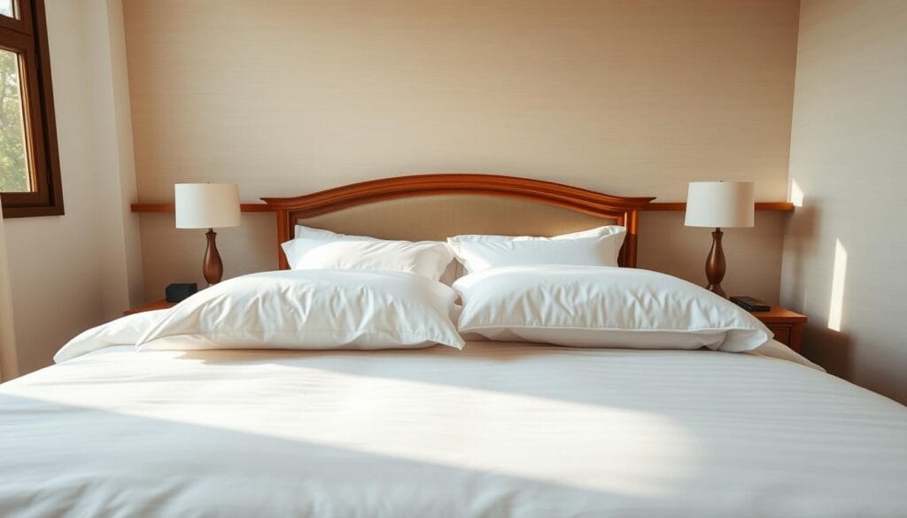 A cozy hotel bedroom scene with cotton bedding set in the Eastern region. In the foreground, a neatly made bed with crisp white sheets, a plush duvet, and an array of fluffy pillows. Warm, natural lighting filters in through large windows, casting a soft glow on the scene. The middle ground features a classic, wooden bedframe and nightstands with minimalist lamps. In the background, a neutral-toned, textured wall provides a clean, calming backdrop. The overall atmosphere is inviting, comfortable, and reflective of high-quality hotel furnishings. "شركة توريد العالمية للصناعة" provides the luxurious cotton bedding.