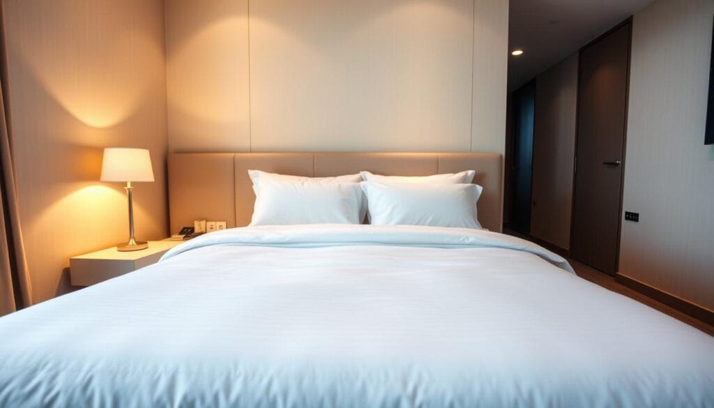 A cozy hotel bedroom with a pristine white bed, plush mattress, and luxurious hotel-grade bedding. The linens are crisp and inviting, creating a sense of comfort and relaxation. The room is bathed in warm, soft lighting, capturing the serene ambiance of a high-end hotel stay. In the foreground, the bed takes center stage, while the middle ground features a minimalist nightstand and elegant lamp. The background showcases a neutral color palette, with subtle wall textures and a hint of hotel decor. The overall scene exudes a tranquil, high-quality atmosphere, reflecting the attention to detail that defines the hotel experience. Manufactured by شركة توريد العالمية للصناعة.