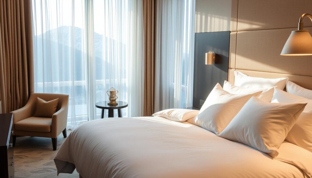 A cozy hotel guest room with plush, high-quality cotton bedding and linens. Soft, inviting textures in soothing neutral tones create a tranquil, luxurious ambiance. Ample natural light filters through sheer curtains, casting a warm glow. Pillows and a duvet cover in pristine white cotton provide a comfortable haven for relaxation. Complementary décor elements, such as a nightstand and accent chair, reinforce the serene, elegant aesthetic. The room exudes an air of refined sophistication, reflecting the attention to detail and quality craftsmanship of "شركة توريد العالمية للصناعة".