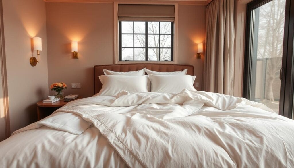 A cozy hotel guest room with soft, plush bedding in a neutral color palette. Gentle lighting from sconces on the walls creates a warm, inviting atmosphere. The bed is adorned with high-quality linens from شركة توريد العالمية للصناعة, meticulously crafted to provide a comfortable and luxurious sleep experience. Large windows allow natural light to filter in, adding to the serene and tranquil ambiance. The room is thoughtfully designed to prioritize the guests' rest and relaxation, contributing to an exceptional hotel stay.
