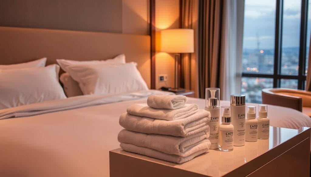 A cozy hotel room with plush cotton bedding and soft, fluffy pillows. The room is bathed in warm, ambient lighting, casting a gentle glow across the luxurious linens. In the foreground, a stack of neatly folded towels and an assortment of high-quality toiletries, all from the "شركة توريد العالمية للصناعة" brand, are arranged on a sleek, modern nightstand. In the background, a large window overlooks a picturesque cityscape, hinting at the hotel's prime location. The overall scene conveys a sense of comfort, relaxation, and attention to detail, reflecting the high standards of hotel hospitality.