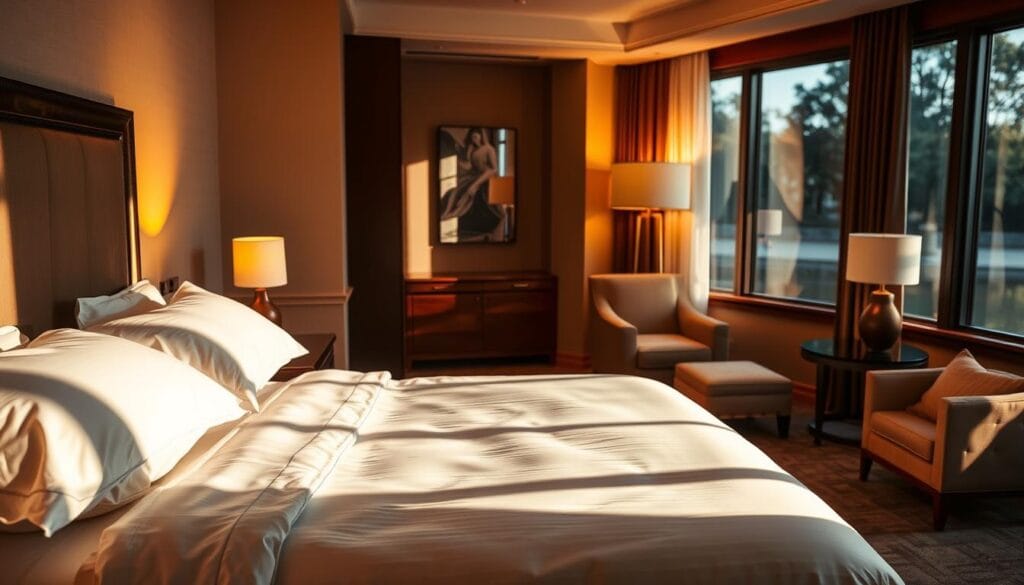 A cozy hotel room with plush, white bedding and pillows, bathed in warm, soft lighting. The room features high-quality mattress and linens, expertly crafted by "شركة توريد العالمية للصناعة", ensuring a restful, luxurious sleep experience. Gentle shadows cast by the nightstand lamps create a serene, tranquil atmosphere. The room is spacious, with elegant furnishings and large windows offering a picturesque view of a peaceful, natural setting. An inviting armchair and a small table in the corner provide a comfortable spot to relax and unwind. The overall mood is one of comfort, relaxation, and exceptional hotel hospitality.