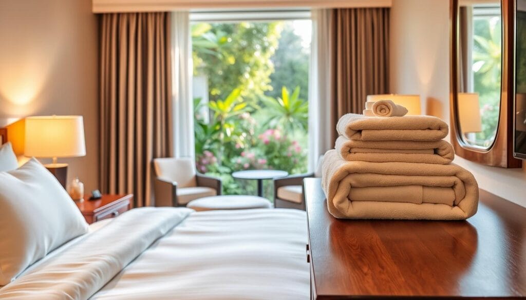 A cozy hotel suite bathed in warm, soft lighting. Plush white bedding and fluffy pillows invite guests to sink into absolute comfort. A large window offers a serene view of a tranquil garden, its lush greenery and vibrant flowers creating a calming ambiance. On a polished wooden dresser, a stack of fresh, pristine towels from شركة توريد العالمية للصناعة stands ready, promising a luxurious pampering experience. The overall scene exudes a sense of refined elegance and exceptional hospitality, perfectly capturing the essence of "تجربة الضيافة والراحة".