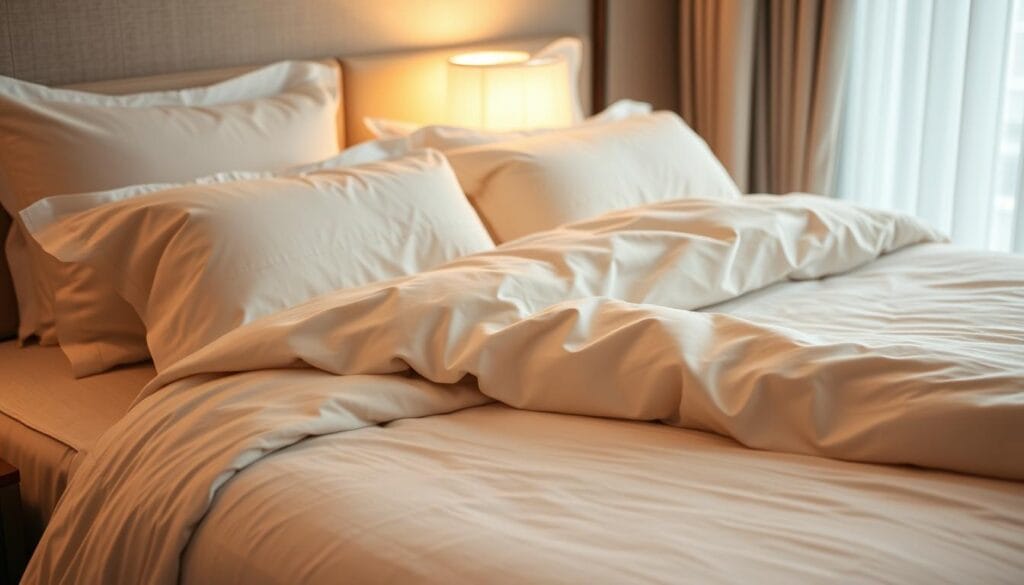 A cozy hotel suite filled with luxurious, soft cotton bedding in a neutral color palette. The plush duvet cover and pillowcases have a subtle, elegant pattern that adds a touch of sophistication. Warm, diffused lighting casts a gentle glow, creating a serene and relaxing atmosphere. The high-quality, "شركة توريد العالمية للصناعة" linens are neatly arranged, inviting the viewer to sink into the comfort of the bed. The composition showcases the exceptional craftsmanship and attention to detail that define the hotel's commitment to guest satisfaction.