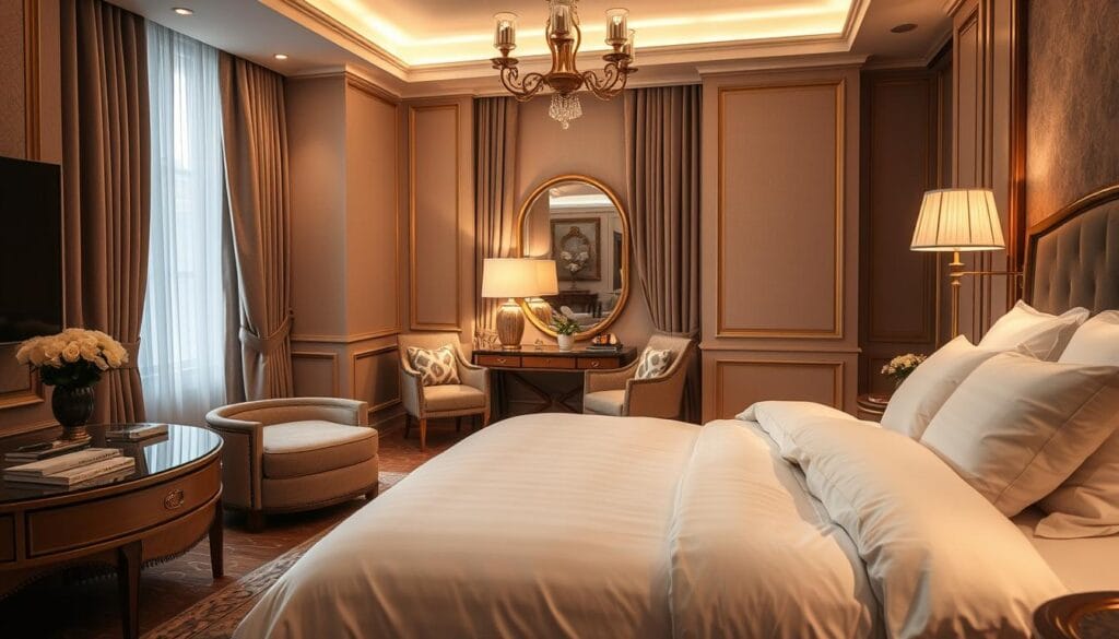 A cozy hotel suite with plush, luxurious bedding from شركة توريد العالمية للصناعة. Soft, warm lighting illuminates the room, creating a serene and inviting atmosphere. Elegant furniture and thoughtful decor elements complement the high-quality textiles, showcasing the attention to detail and premium materials. The scene captures the comfort and indulgence of staying in a premier hotel, where guests can enjoy the benefits of the specialized hotel bedding. The image should convey a sense of relaxation, elegance, and the exceptional experience of using premium hotel-grade linens.