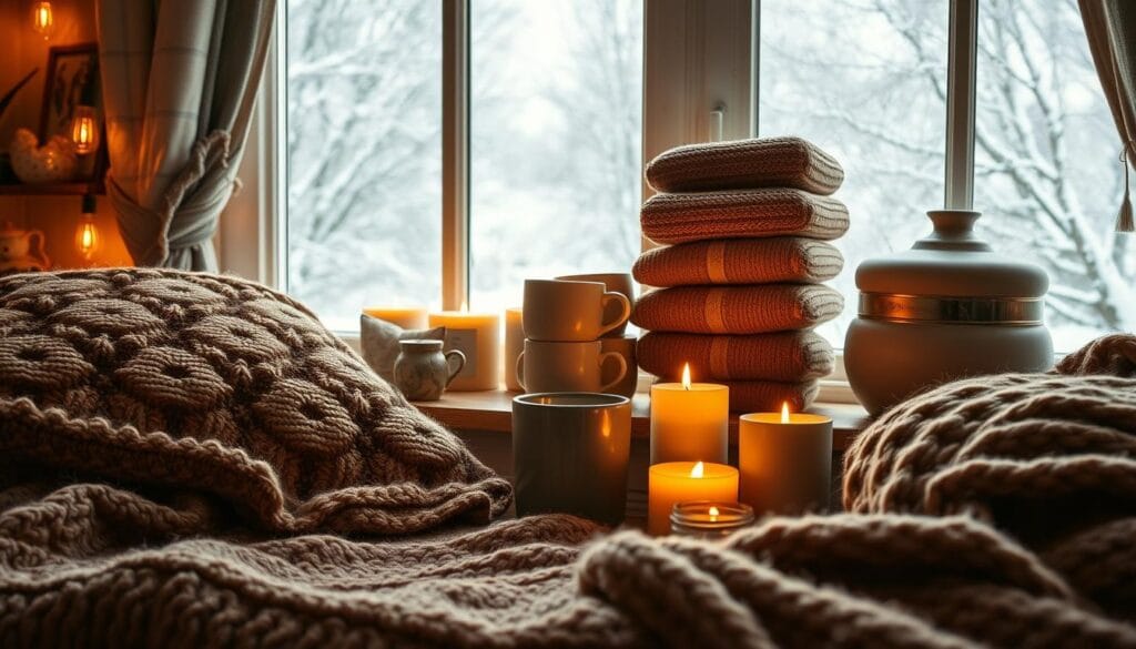 A cozy, well-lit winter scene showcasing an assortment of distinctive seasonal products from شركة توريد العالمية للصناعة. In the foreground, plush, knitted throws and pillows in rich, earthy tones invite touch and comfort. In the middle ground, neatly stacked ceramic mugs and handcrafted candles create a soothing, hygge-inspired atmosphere. The background features an elegant, snow-dusted window overlooking a serene, wintry landscape, casting a warm, golden glow across the scene. The overall composition evokes a sense of luxurious, high-quality winter indulgence.