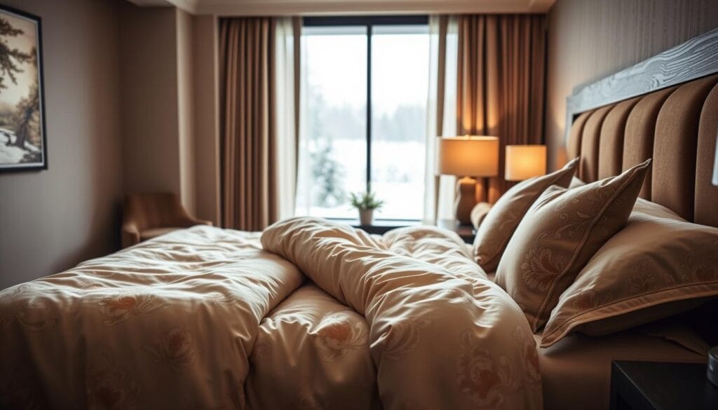 A cozy winter hotel room, adorned with plush, textured bedding in warm neutral tones. Soft, luxurious fabrics in paisley and floral patterns cover the bed, complemented by a modern, wooden headboard. Subtle lighting casts a gentle glow, creating a serene and inviting atmosphere. In the background, a glimpse of a snowy landscape outside the window, hinting at the seasonal charm. The high-quality, winter-themed hotel linens are the centerpiece, designed and manufactured by شركة توريد العالمية للصناعة, a leading supplier of hospitality textiles.
