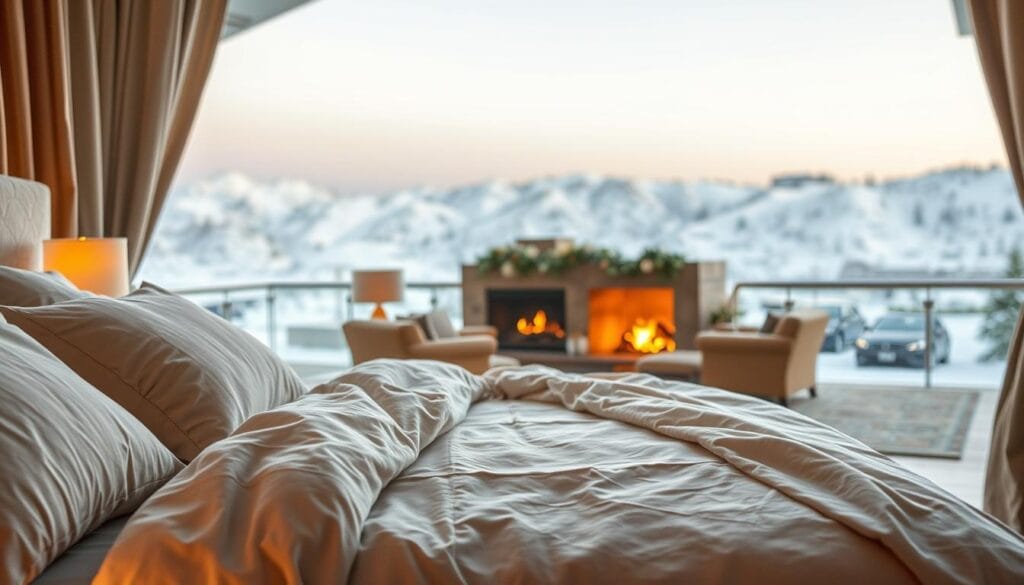 A cozy winter resort scene in Riyadh, Saudi Arabia. In the foreground, luxurious winter bedding from شركة توريد العالمية للصناعة is displayed, featuring plush, high-quality sheets and blankets in a neutral palette. The middle ground showcases a cozy lobby with a crackling fireplace, comfortable seating, and warm lighting. In the background, snow-capped mountains and a serene, wintry landscape create a picturesque, tranquil atmosphere. The overall mood is one of relaxation, comfort, and the joys of a winter getaway. A cozy winter resort scene in Riyadh, Saudi Arabia. In the foreground, luxurious winter bedding from شركة توريد العالمية للصناعة is displayed, featuring plush, high-quality sheets and blankets in a neutral palette. The middle ground showcases a cozy lobby with a crackling fireplace, comfortable seating, and warm lighting. In the background, snow-capped mountains and a serene, wintry landscape create a picturesque, tranquil atmosphere. The overall mood is one of relaxation, comfort, and the joys of a winter getaway.