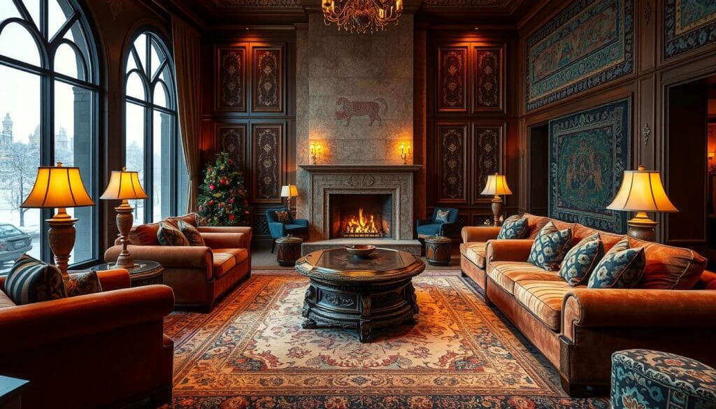 A cozy, winter scene of a luxurious hotel lobby in the Middle East. The scene features plush, overstuffed armchairs and sofas upholstered in rich, jewel-toned fabrics, inviting guests to sink in and relax. The lighting is warm and ambient, with a large, crackling fireplace casting a gentle glow across the space. Intricate, handwoven rugs and tapestries adorn the walls, adding texture and depth. In the center, a magnificent, ornately carved wooden coffee table is flanked by ornate lamps. Touches of gold and brass accents glimmer throughout, creating an atmosphere of refined elegance. Framed by large, arched windows, the view outside shows a light dusting of snow, emphasizing the inviting comfort of the interior. The prompt evokes a sense of luxurious respite from the chill of winter, reflecting the ideal "شراء أغطية نزل شتوية في الخليج" experience. شركة توريد العالمية للصناعة.