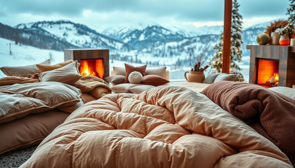 A cozy winter scene showcasing a variety of high-quality winter bedding solutions from the renowned "شركة توريد العالمية للصناعة". In the foreground, plush duvets, quilts, and blankets in earthy tones and luxurious fabrics take center stage, inviting the viewer to imagine snuggling up in the warmth. The middle ground features a selection of pillows and cushions, highlighting the attention to detail and comfort. In the background, a tranquil winter landscape with snow-capped mountains and a warm, glowing fireplace set the mood for a perfect Gulf getaway. Soft, diffused lighting creates a welcoming ambiance, emphasizing the premium quality and insulation properties of the winter bedding displayed.
