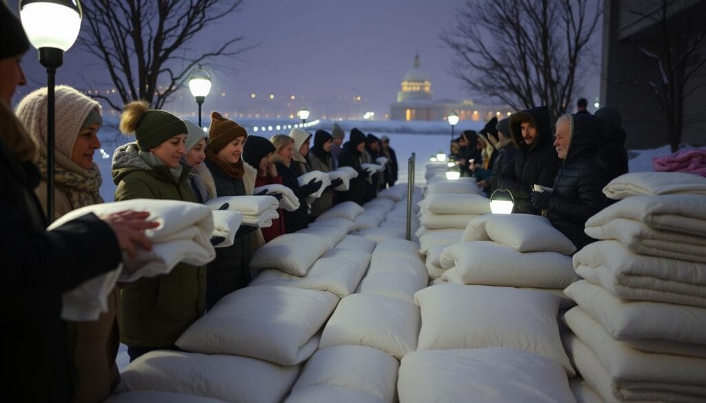 A cozy winter scene showcasing the distribution of warm blankets by the "شركة توريد العالمية للصناعة" company. In the foreground, volunteers carefully hand out neatly folded blankets to a line of grateful recipients, their faces lit by the soft glow of portable lamps. In the middle ground, stacks of folded blankets await distribution, while in the background, a snowy cityscape provides a serene backdrop. The lighting is soft and diffused, creating a sense of warmth and comfort. The overall atmosphere is one of community, compassion, and the simple joy of providing essential aid during the cold winter months.