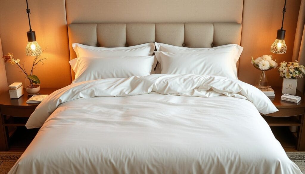 A cozy winter scene showcasing the exceptional features of luxury resort bedsheets from "شركة توريد العالمية للصناعة". Soft, plush fabrics in a neutral palette adorn an elegantly made bed, inviting visitors to sink into pure comfort. Warm lighting casts a gentle glow, complementing the serene atmosphere. The high-quality materials and attention to detail create an unparalleled sleeping experience, elevating the ambiance of any Riyadh resort. Crisp, clean lines and a touch of understated elegance capture the essence of these premium winter bedsheets.