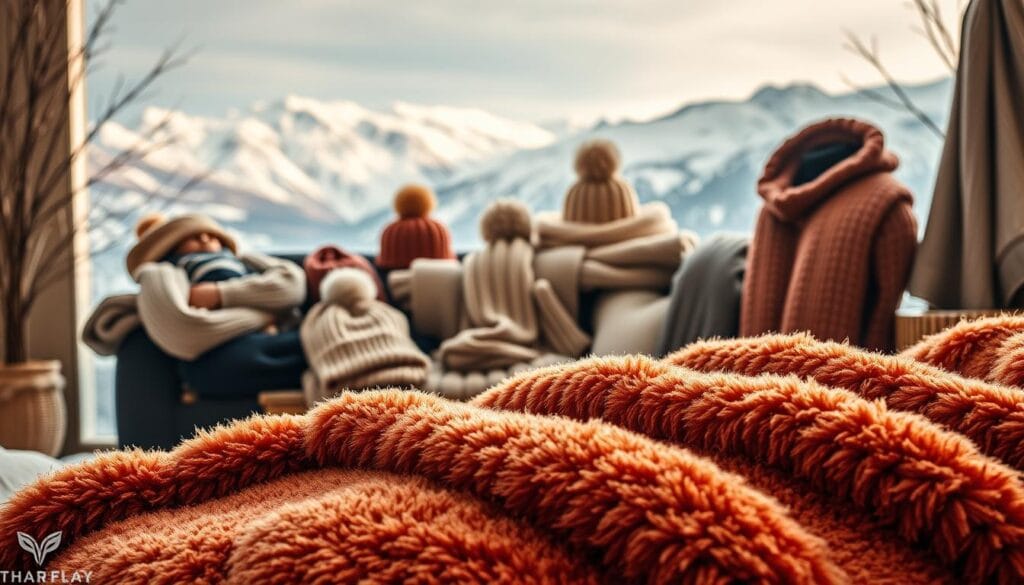 A cozy winter showcase featuring an assortment of high-quality seasonal products from شركة توريد العالمية للصناعة. In the foreground, a plush fleece blanket in rich autumnal hues invites touch and comfort. The middle ground showcases a selection of warm, knitted accessories - hats, scarves, and gloves in an array of neutral tones. In the background, a backdrop of snow-capped mountains sets a serene, wintry atmosphere, bathed in soft, diffused lighting that casts a gentle glow over the entire scene. The overall mood is one of coziness, sophistication, and the promise of cold-weather indulgence.