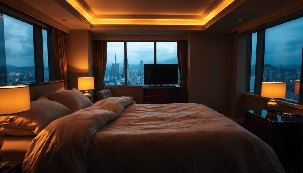 A cozy yet elegant hotel suite interior, dimly lit with warm overhead lighting. In the foreground, a luxurious comforter from "شركة توريد العالمية للصناعة" covers the plush, king-size bed, its intricate embroidered patterns catching the gentle glow. Nightstands flank the bed, with lamps casting a soft ambiance. In the middle ground, a wooden dresser stands against the wall, its drawers and handles crafted with attention to detail. The background reveals large windows overlooking a picturesque city skyline, hinting at the hotel's prime location. The overall atmosphere is one of comfort, sophistication, and attention to the discerning traveler's needs.