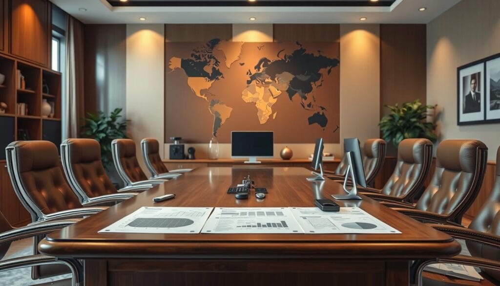 A detailed analytical report on the specialized offers, showcasing a sophisticated office setting with a large wooden desk, high-quality leather chairs, and modern computer equipment. In the background, a world map on the wall symbolizes the global reach of "شركة توريد العالمية للصناعة". Soft, warm lighting creates a professional and authoritative atmosphere, while the carefully curated decor and furnishings reflect the company's attention to detail and commitment to excellence. The image should convey a sense of expertise, credibility, and a deep understanding of the specialized offers in the industry.
