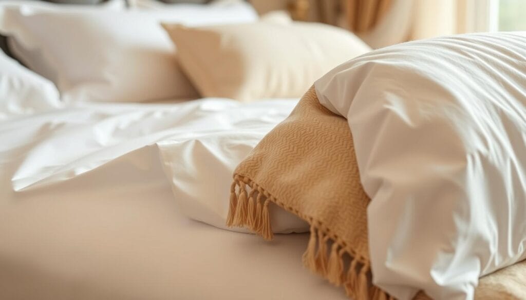 A detailed, high-quality image of hotel bedding specifications. Showcasing a luxurious cotton hotel suite bedding set in Mecca, Saudi Arabia. In the foreground, crisp white sheets and plush pillows with precise, technical details. The middle ground features a rich, textured blanket with a subtle pattern. In the background, a soft, muted color palette creates a serene, calming atmosphere. Warm, natural lighting casts a gentle glow across the scene. Captured with a professional camera lens, highlighting the exceptional craftsmanship of the "شركة توريد العالمية للصناعة" hotel bedding.