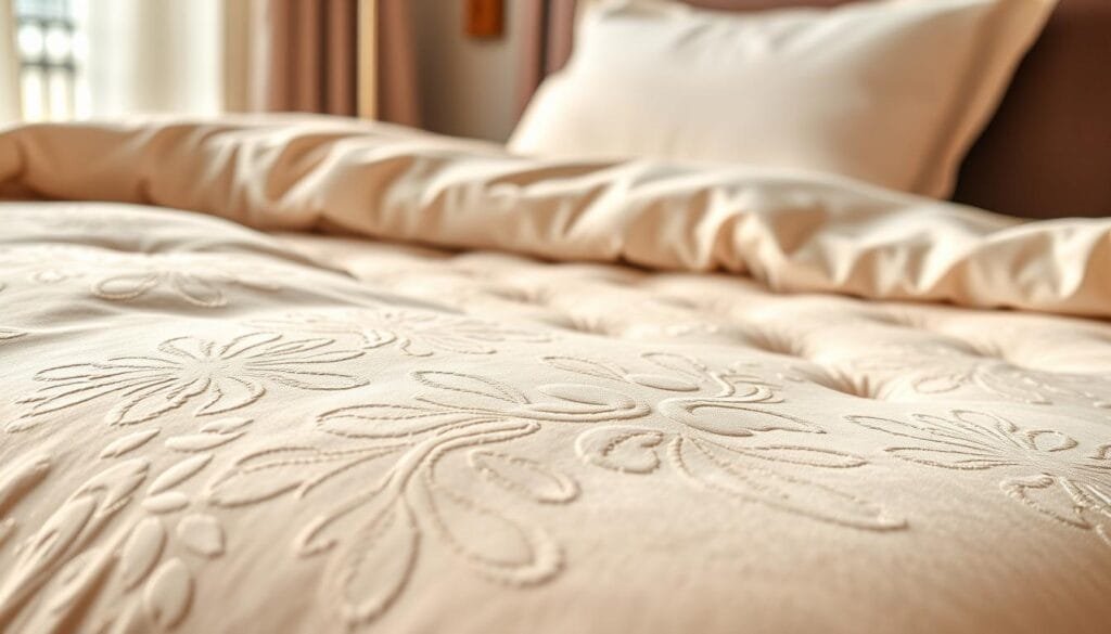 A detailed, high-resolution image of a set of luxurious, wintertime hotel bedding products from "شركة توريد العالمية للصناعة". The foreground features a close-up view of a soft, plush duvet cover in a neutral beige tone, with intricate embroidered patterns that catch the light from a warm, natural-looking studio setup. The middle ground showcases a fluffy, pillow-topped mattress pad and coordinating pillow shams, while the background subtly depicts the corner of a cozy, contemporary hotel room setting. The overall atmosphere is one of comfort, quality, and refined elegance. A detailed, high-resolution image of a set of luxurious, wintertime hotel bedding products from "شركة توريد العالمية للصناعة". The foreground features a close-up view of a soft, plush duvet cover in a neutral beige tone, with intricate embroidered patterns that catch the light from a warm, natural-looking studio setup. The middle ground showcases a fluffy, pillow-topped mattress pad and coordinating pillow shams, while the background subtly depicts the corner of a cozy, contemporary hotel room setting. The overall atmosphere is one of comfort, quality, and refined elegance.