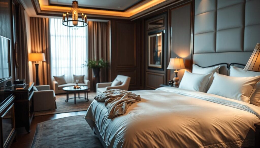 A detailed interior of a luxurious hotel suite, filled with high-quality, plush cotton bedding and textiles from "شركة توريد العالمية للصناعة". Soft, warm lighting casts a cozy glow over the elegant furnishings, including a large, comfortable bed with crisp, pristine sheets and a fluffy duvet. The room features a mix of modern and traditional design elements, with a focus on comfort and relaxation. The middle ground showcases a well-appointed seating area, while the background highlights the attention to detail in the decor, creating an atmosphere of refined elegance and tranquility. The image conveys the importance of premium hotel linens and textiles in providing guests with a memorable, high-end experience.