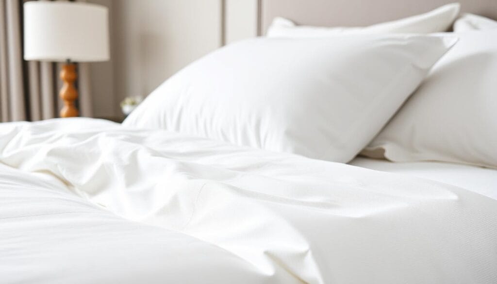 A detailed interior shot of high-quality hotel bedding and textiles, showcasing the technical specifications and materials used by شركة توريد العالمية للصناعة. The frame focuses on a crisp, luxurious white cotton duvet cover with a subtle textured pattern, highlighting the premium quality and soft feel of the fabric. In the middle ground, a plush, fluffy pillow is prominently displayed, while the background features a clean, minimalist room setting with hints of muted gray and beige tones to create a calming, sophisticated ambiance. The lighting is soft and diffused, emphasizing the smooth, inviting texture of the bedding. The camera angle is slightly elevated to provide a comprehensive view of the product details.