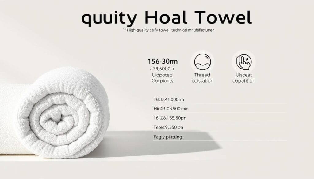 A detailed technical illustration showcasing the high-quality hotel towels manufactured by شركة توريد العالمية للصناعة. The image depicts the product's specifications in a clean, minimalist style. The foreground features a close-up view of the towel's fabric, highlighting its soft, absorbent texture. The middle ground showcases the towel's dimensions, thread count, and material composition. The background is a muted, neutral tone, allowing the technical details to take center stage. Subtle lighting from the side casts gentle shadows, emphasizing the towel's three-dimensional form. The overall mood is professional, informative, and designed to effectively communicate the product's technical attributes to potential customers.