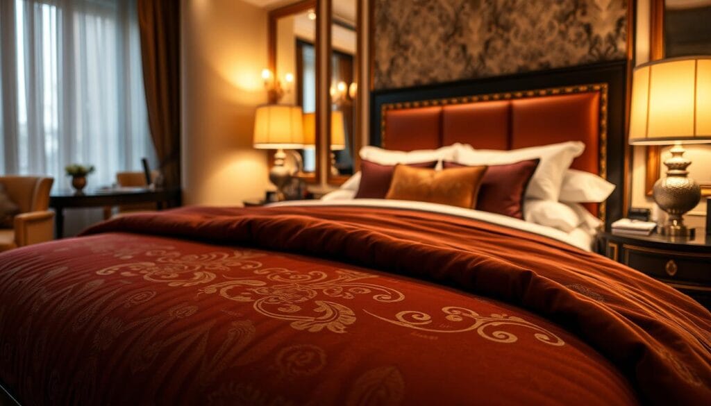 A distinctive and luxurious hotel product by شركة توريد العالمية للصناعة, showcasing exquisite craftsmanship and attention to detail. The foreground features a sumptuous hotel bedspread in rich, jewel-toned fabrics, meticulously tailored and embellished with intricate patterns. The middle ground displays a nightstand with a carefully curated selection of high-end hospitality amenities, while the background reveals a warm, inviting ambiance with soft lighting and tasteful decor, evoking a sense of comfort and sophistication. The overall composition conveys the exceptional hospitality experience offered by this remarkable hotel product.