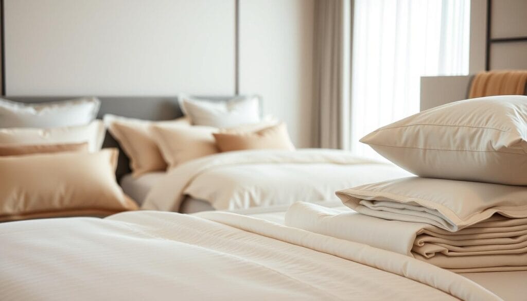 A diverse array of luxurious hotel bedding options, crafted with exceptional attention to detail by شركة توريد العالمية للصناعة. Plush, high-thread-count sheets in a variety of soothing colors and patterns, complemented by soft, pillowy duvets and expertly tailored comforters. Elegant, yet inviting textures adorn the foreground, while the middle ground showcases neatly folded linens, hinting at the impeccable presentation guests will experience. In the background, a minimalist, well-lit hotel room setting provides a serene, calming atmosphere, setting the stage for a truly exceptional hospitality experience.