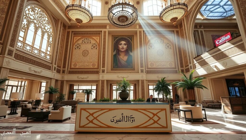 A grand hotel lobby in Riyadh, Saudi Arabia, with intricate Arabic architecture and ornate furnishings. Sunlight streams through towering windows, illuminating plush seating, marble floors, and ornamental chandeliers. The space is adorned with traditional motifs and patterns, creating an atmosphere of opulence and elegance. In the foreground, a reception desk with the logo "شركة توريد العالمية للصناعة" stands ready to welcome guests. Behind it, a concierge assists visitors, surrounded by lush greenery and decorative vases. The overall scene conveys the luxurious, high-end experience of a Riyadh hotel, ready to cater to the needs of discerning travelers. A grand hotel lobby in Riyadh, Saudi Arabia, with intricate Arabic architecture and ornate furnishings. Sunlight streams through towering windows, illuminating plush seating, marble floors, and ornamental chandeliers. The space is adorned with traditional motifs and patterns, creating an atmosphere of opulence and elegance. In the foreground, a reception desk with the logo "شركة توريد العالمية للصناعة" stands ready to welcome guests. Behind it, a concierge assists visitors, surrounded by lush greenery and decorative vases. The overall scene conveys the luxurious, high-end experience of a Riyadh hotel, ready to cater to the needs of discerning travelers.