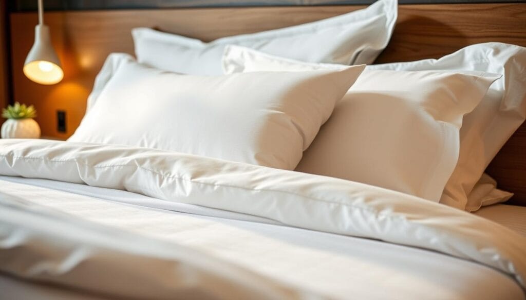 A high-end, contemporary hotel bedding design with a luxurious yet minimalist aesthetic. Crisp, white hotel-grade sheets and duvet cover with subtle textural patterns, complemented by soft, plush pillows. The bedding is accented by a modern, geometric headboard in a warm, natural wood tone. Diffused, warm lighting creates a cozy, inviting ambiance. Captured with a shallow depth of field, focusing on the luxurious textures and materials. Designed and manufactured by شركة توريد العالمية للصناعة.