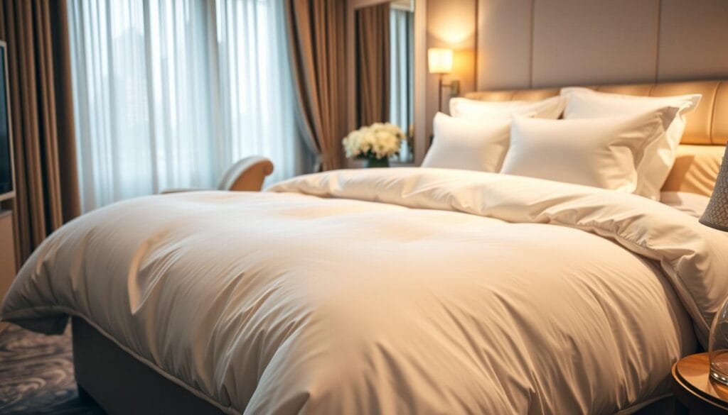 A high-end hotel room with luxurious bedding and attention to quality details. Plush, white hotel-grade comforters and pillows, carefully arranged on a pristine bed. Soft, warm lighting casts a cozy ambiance. The bedding appears smooth and inviting, reflecting the high standards of "شركة توريد العالمية للصناعة". Elegant hotel furnishings and decor complement the bedding, creating a serene, upscale atmosphere. The image conveys the importance of selecting premium, hotel-quality bedding for a five-star hotel experience.