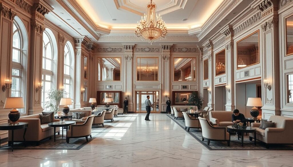 A high-end, luxurious hotel interior design. The lobby features a grand, classical-inspired architecture with intricate moldings, chandeliers, and marble floors. Elegant furniture, such as plush sofas and armchairs, are arranged in a harmonious layout. Soft, warm lighting creates a cozy and inviting atmosphere. Large windows allow natural light to flood the space, highlighting the beautiful cotton fabrics used in the furnishings. The overall aesthetic conveys a sense of sophistication and refinement, reflecting the quality and comfort of the "شركة توريد العالمية للصناعة" brand.