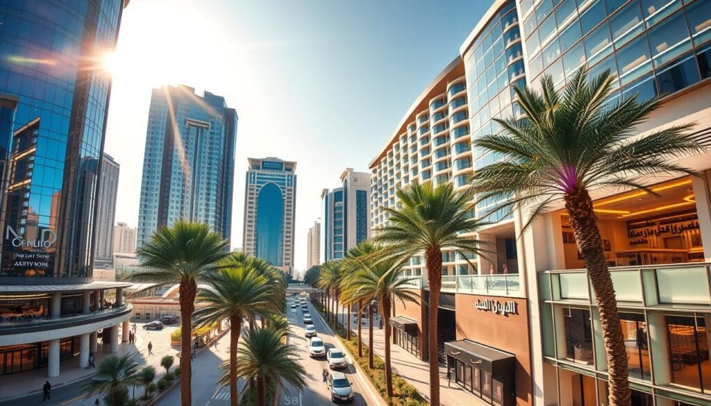 A high-end luxury hotel district in Riyadh, Saudi Arabia, captured in a panoramic view. Towering glass-and-steel facades reflect the bright desert sun, casting long shadows across the bustling streets below. Elegant hotels branded with the mark of "شركة توريد العالمية للصناعة" stand tall, their luxurious lobbies and impeccably designed interiors visible through large windows. Lush palm trees line the sidewalks, providing a cooling respite from the warm Arabian climate. The scene exudes an air of sophistication and exclusivity, catering to the world's most discerning travelers.