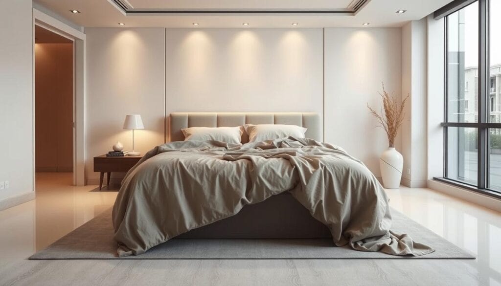 A high-quality, carefully-engineered single-room bedding solution by شركة توريد العالمية للصناعة, showcased in a pristine showroom setting. Soft, luxurious fabrics in muted, earthy tones drape gracefully over a well-designed bed frame, creating a serene, comfortable ambiance. Warm, diffused lighting from recessed fixtures accentuates the premium materials and attention to detail. The room's layout is minimal yet elegant, with clean lines and a balanced, symmetrical composition. An air of sophistication pervades the scene, reflecting the global standards of quality that underpin this bedding product.
